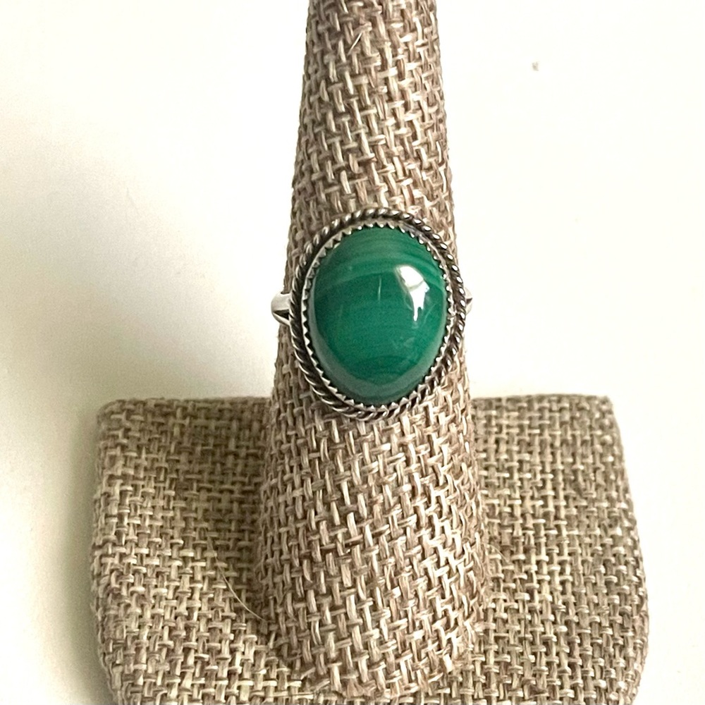 Vintage Sterling Silver and Malachite Ring Bezel Set Sawtooth Edge Size 6.5